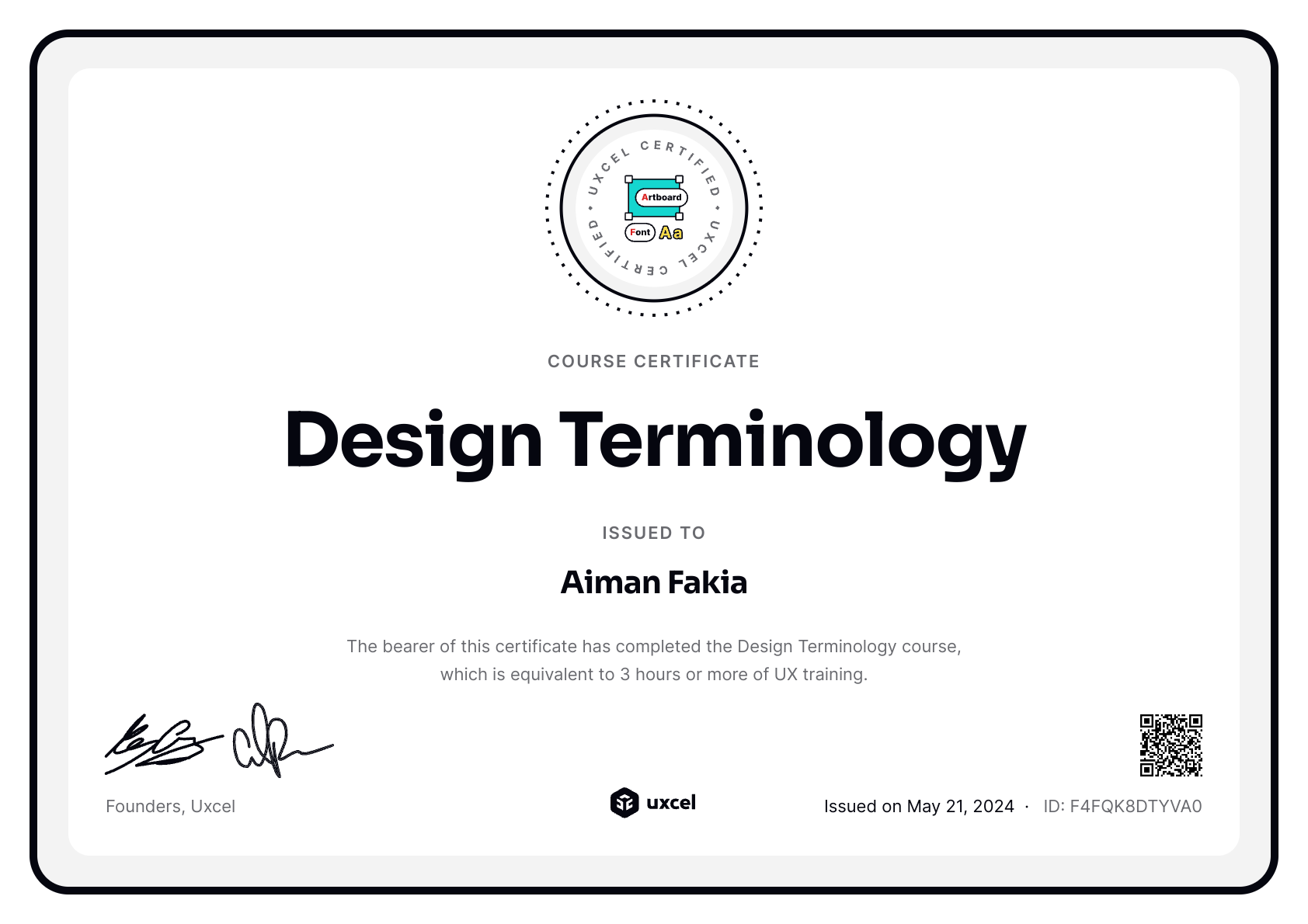 Aiman Fakia's certificate